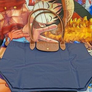 NEW Longchamp Original Large Tote Handbag Navy Blue Canvas Shoulder L